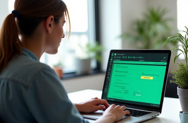 A remote worker using Tech Liren on a laptop to optimize a VPN connection from a home office setting.