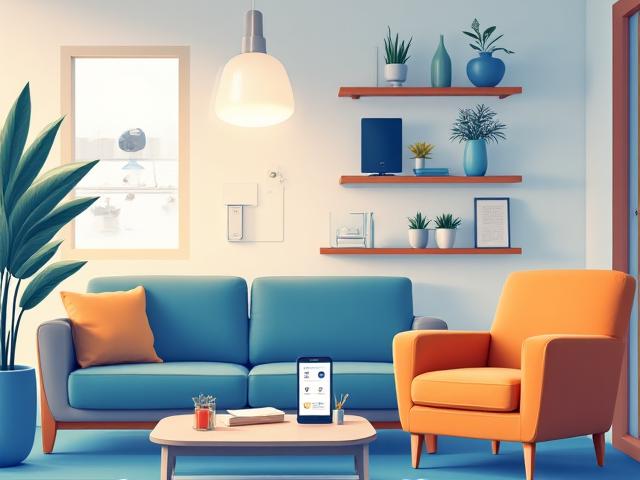 An illustration of a modern smart home interior with various IoT devices connected, such as smart speakers, lighting, and a security camera, all depicted in a networked way.