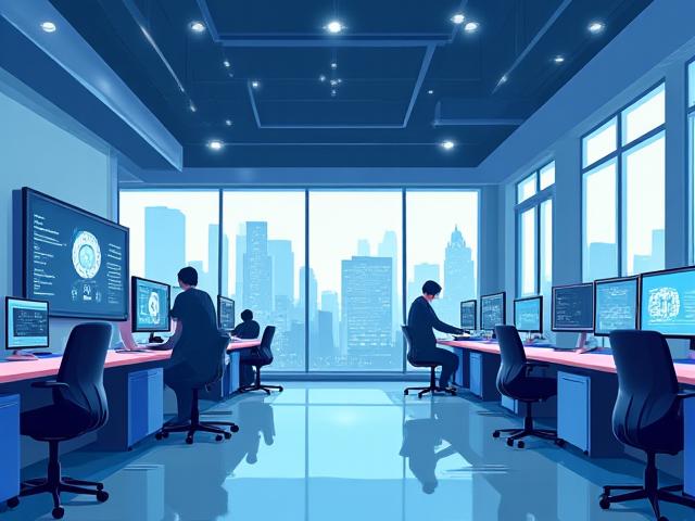 An illustration of a modern office environment with various business IoT devices connected on a network, including smart displays, conference room equipment, and access control systems.