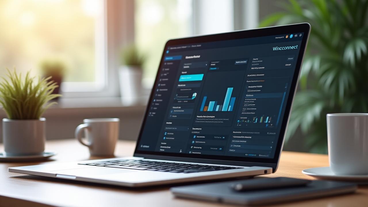 A clean, modern home office setup with a laptop displaying a network monitoring interface, symbolizing optimized remote work.