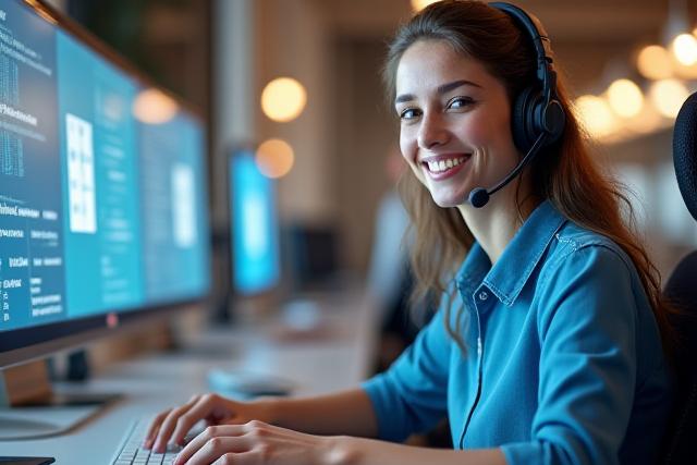 A customer service representative wearing a headset, intently typing on a keyboard with a soft-focus background of a modern office, symbolizing responsive and helpful support.