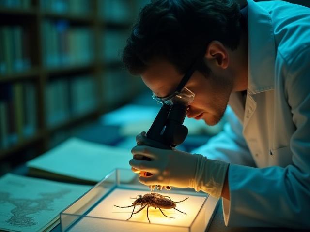 Chercheur étudiant des spécimens rares d'insectes éteints sous une loupe.