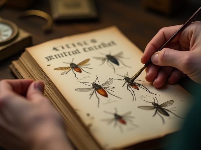 Une main restauratrice travaillant sur un livre d'entomologie ancien.